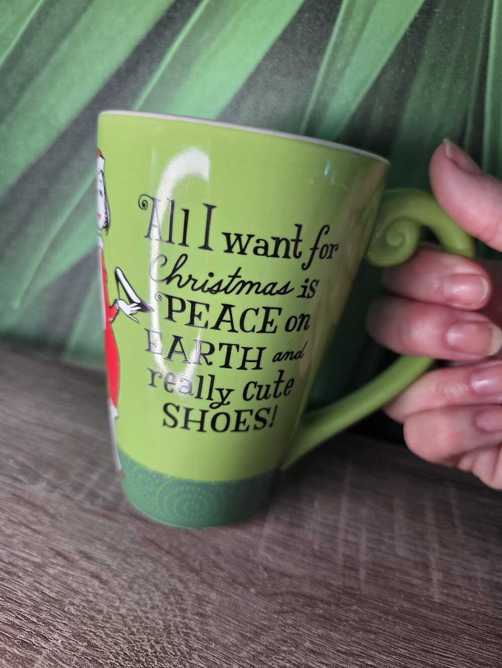 Shoe lovers! Christmas Green Mug with Festive Lady. Great gift. No flaws